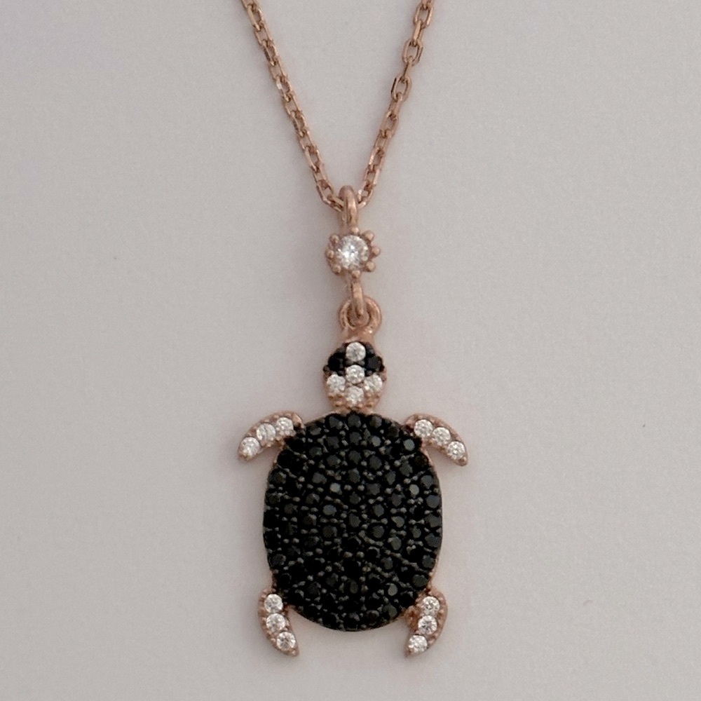 925 Silver turtle necklace black cz 14k rose gold plated